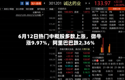 6月12日热门中概股多数上涨，微牛涨9.97%，阿里巴巴跌2.36%-第2张图片