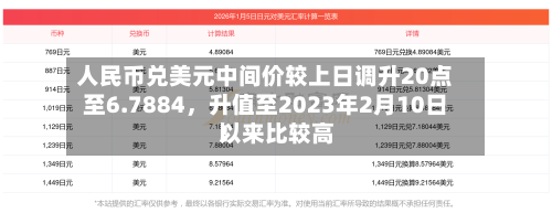 人民币兑美元中间价较上日调升20点至6.7884，升值至2023年2月10日以来比较高！
