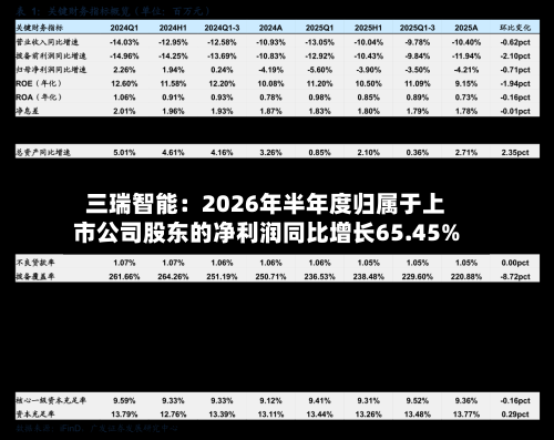 三瑞智能：2026年半年度归属于上市公司股东的净利润同比增长65.45%