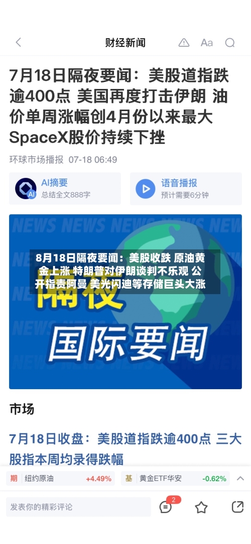 8月18日隔夜要闻:美股收跌 原油黄金上涨 特朗普对伊朗谈判不乐观 公开指责阿曼 美光闪迪等存储巨头大涨-第2张图片