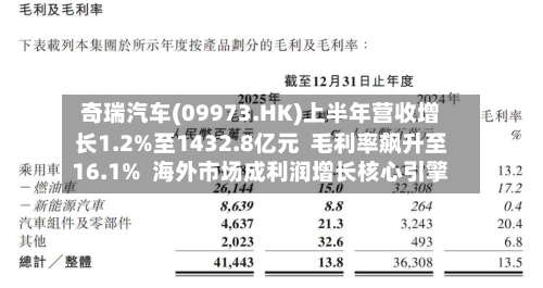 奇瑞汽车(09973.HK)上半年营收增长1.2%至1432.8亿元 毛利率飙升至16.1% 海外市场成利润增长核心引擎-第2张图片